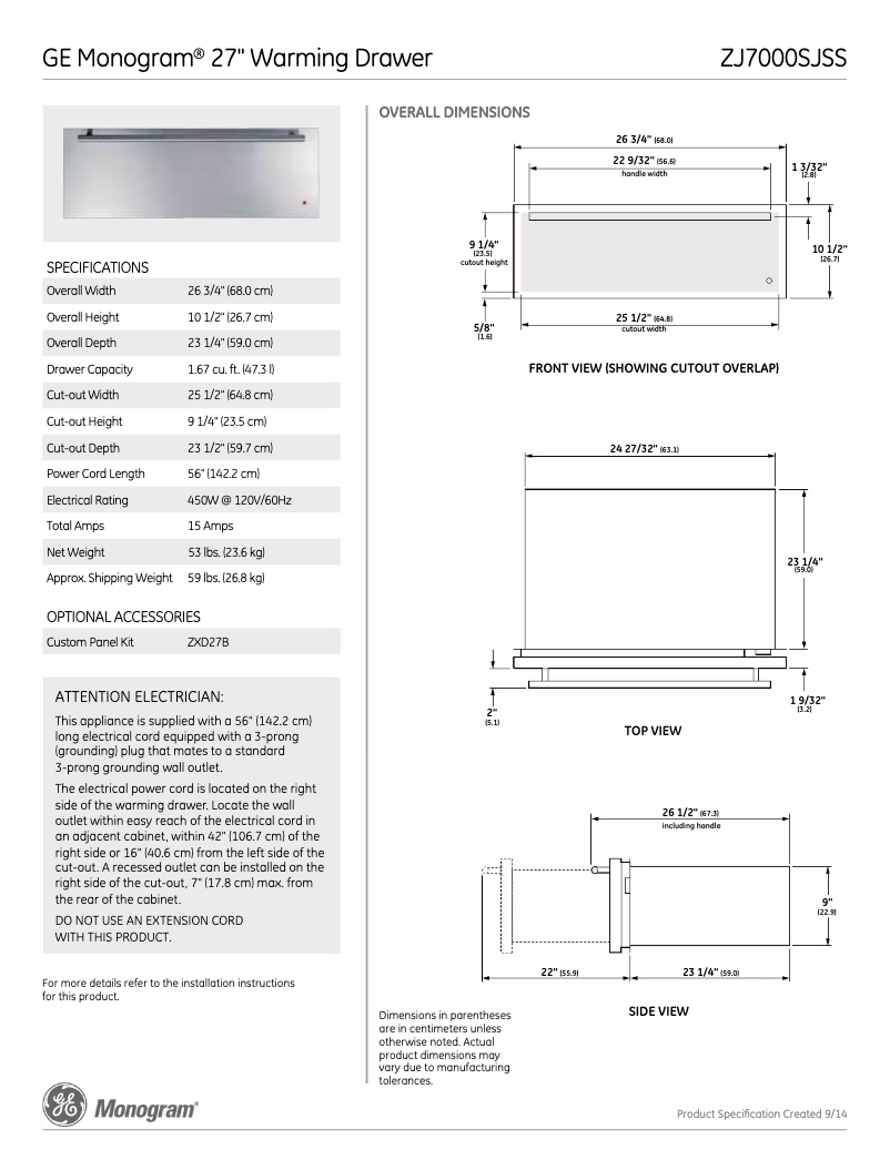 Page 1 de la notice Fiche technique Monogram ZJ7000SJSS