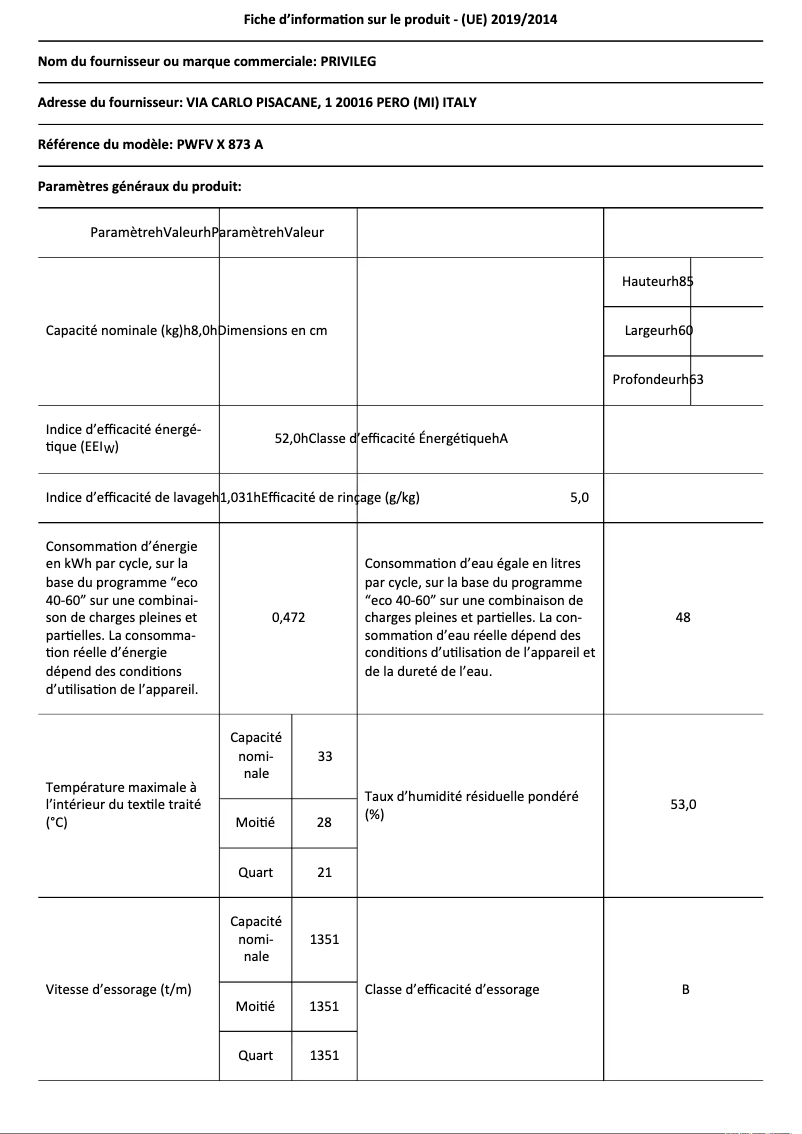 Page n°1 - Fiche technique Privileg PWFV X 873 A