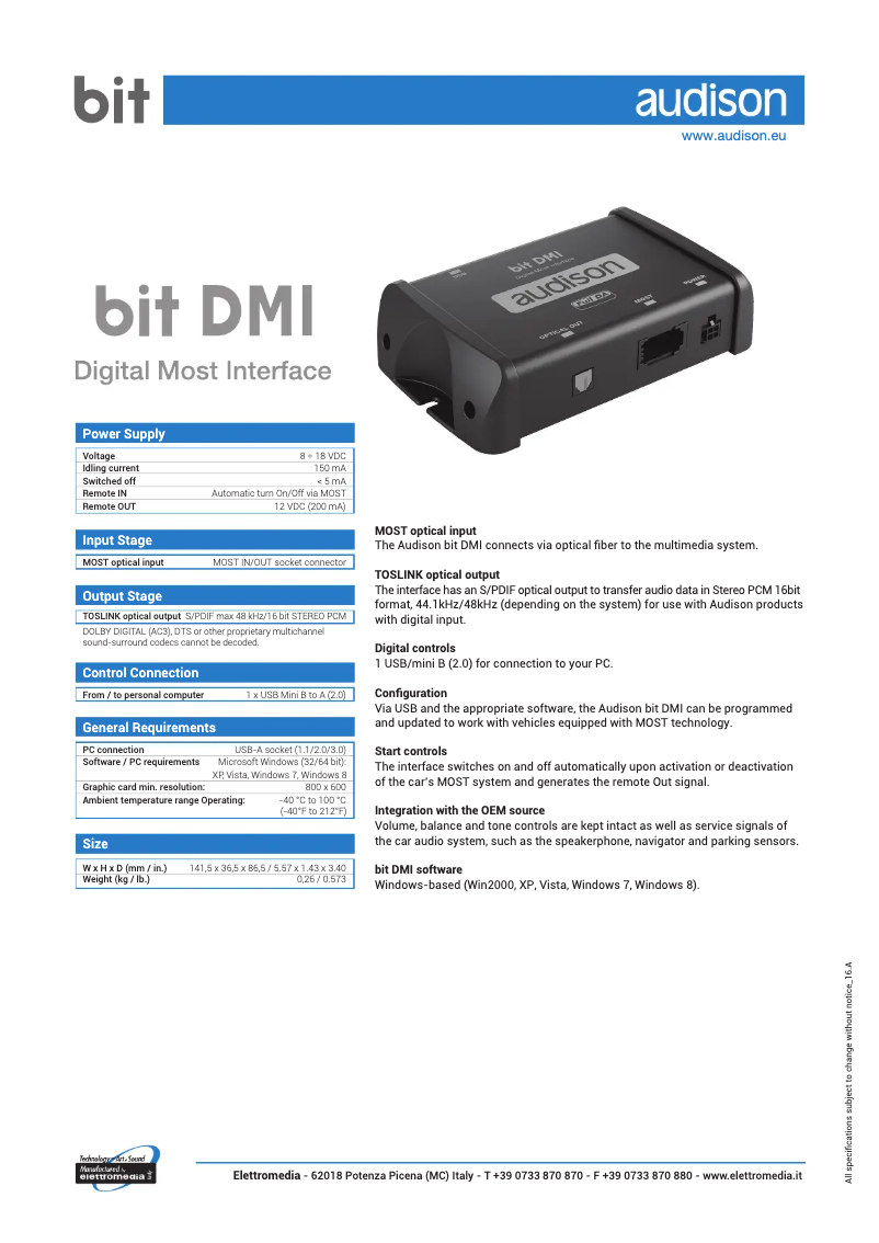 Page 1 of the manual Technical Sheet Audison Prima Bit DMI
