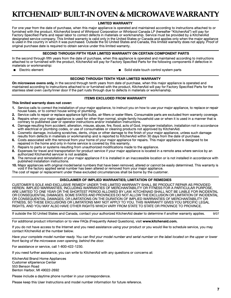 Page n°1 - Informations de garantie KitchenAid Architect KHMC1857BSS