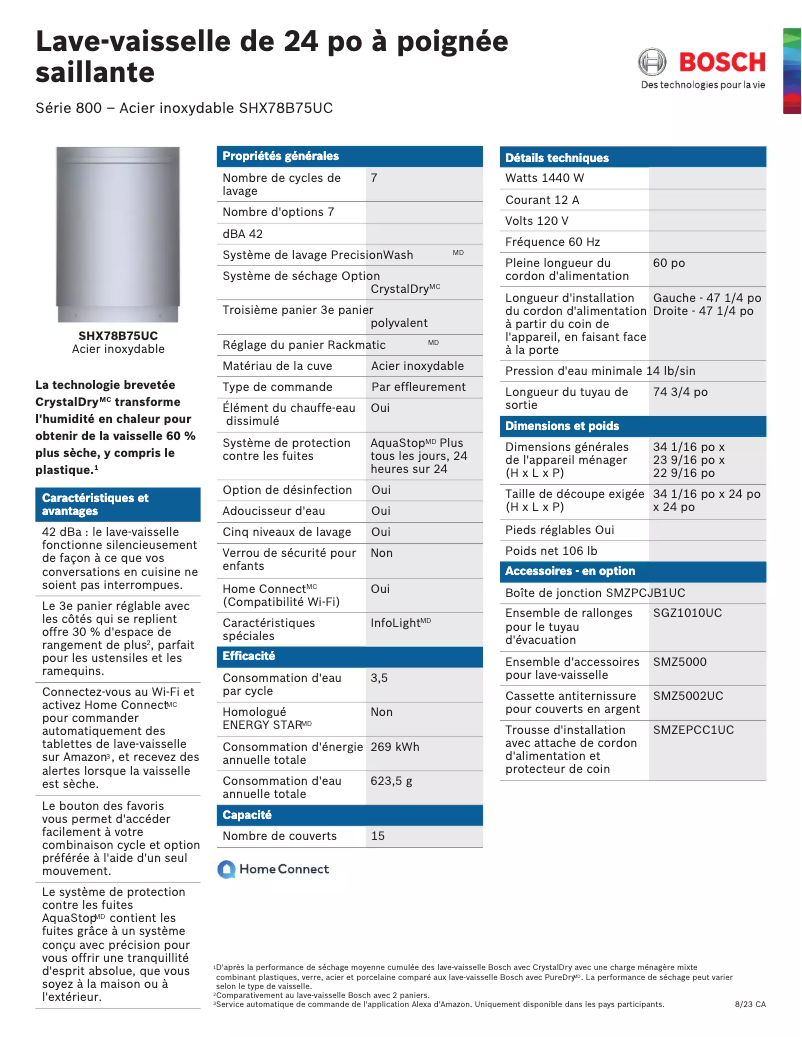 Page n°1 - Fiche technique Bosch SHX78B75UC