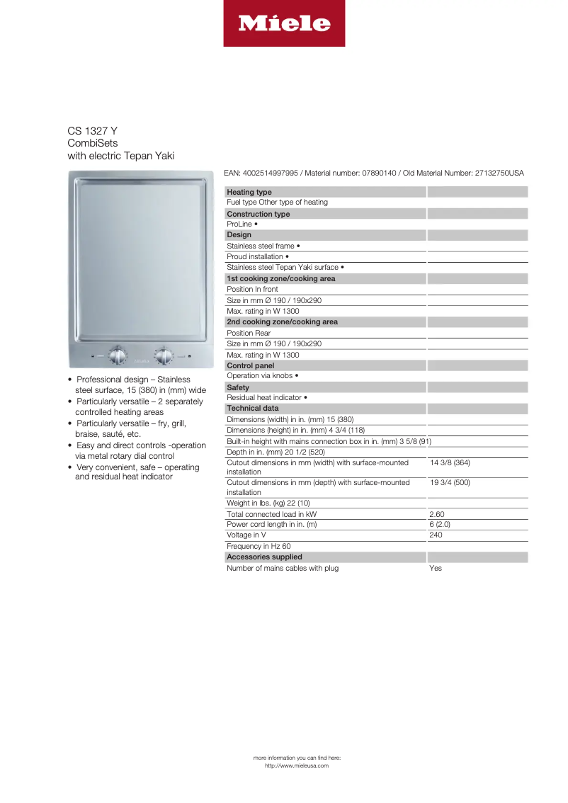 Page 1 de la notice Fiche technique Miele CS 1327 Y