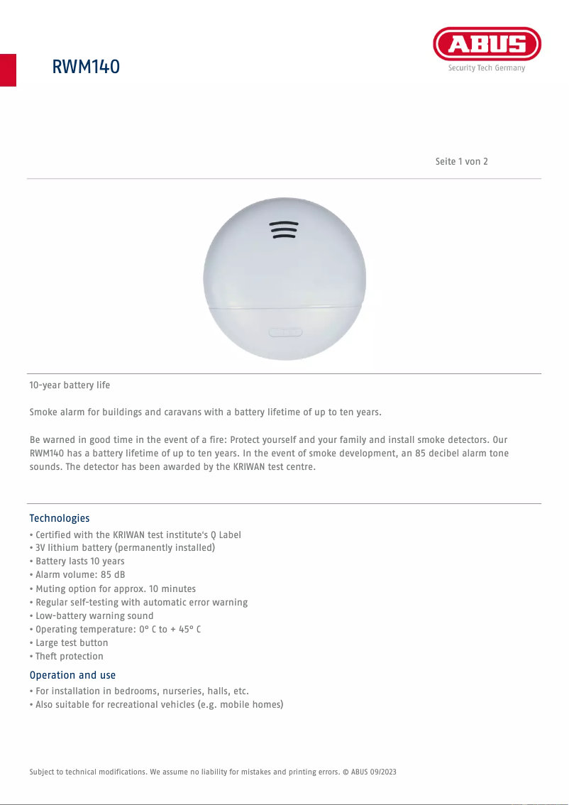 Page 1 of the manual Technical Sheet Abus RWM140