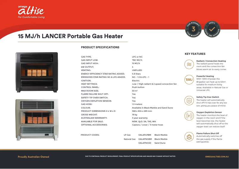 Page 1 de la notice Fiche technique Omega Altise Lancer OALAFNGSD