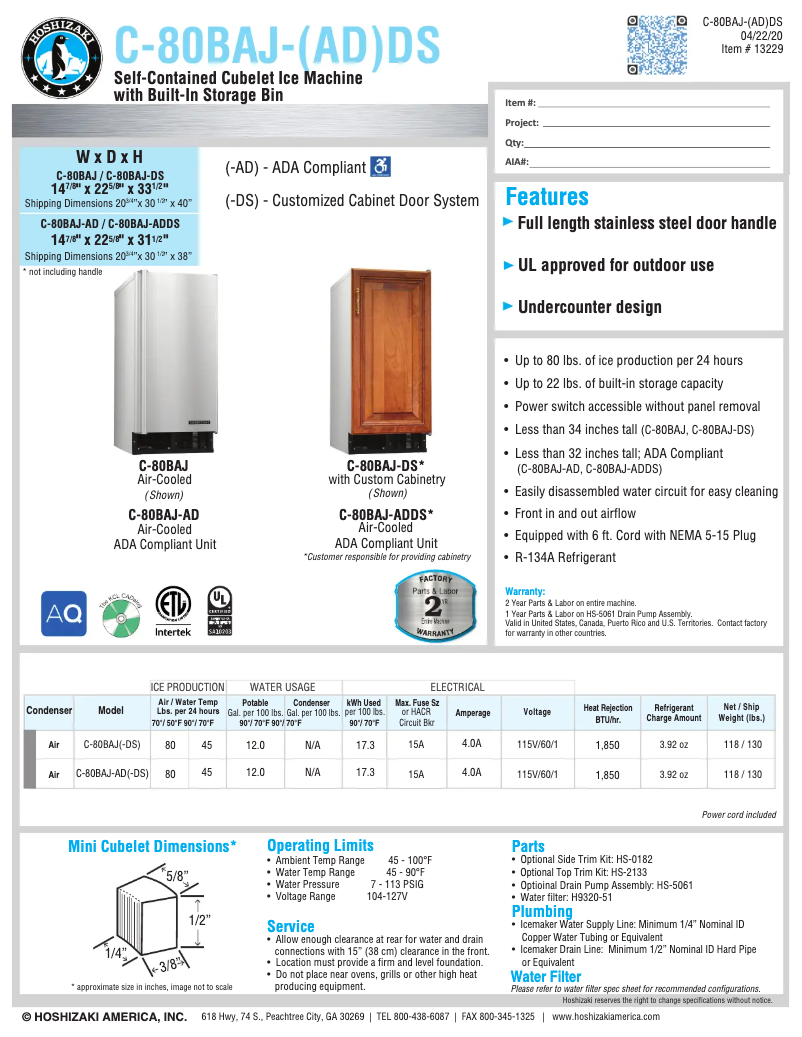 Page 1 de la notice Fiche technique Hoshizaki C-80BAJ