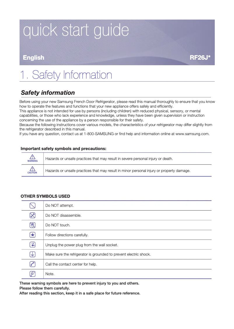 Page 1 de la notice Guide d'installation Samsung RF26J7500SR