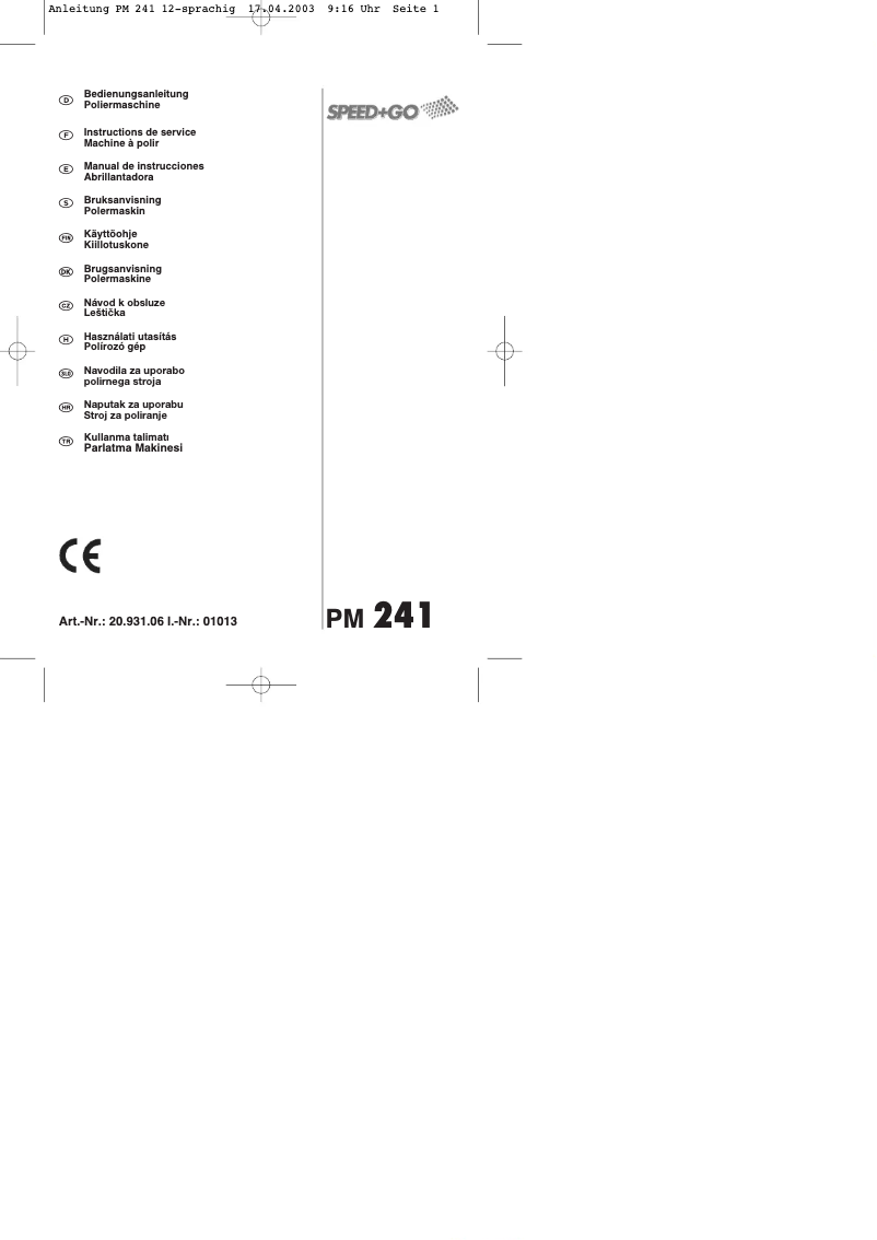 Page 1 de la notice Manuel utilisateur Speed & Go PM 241