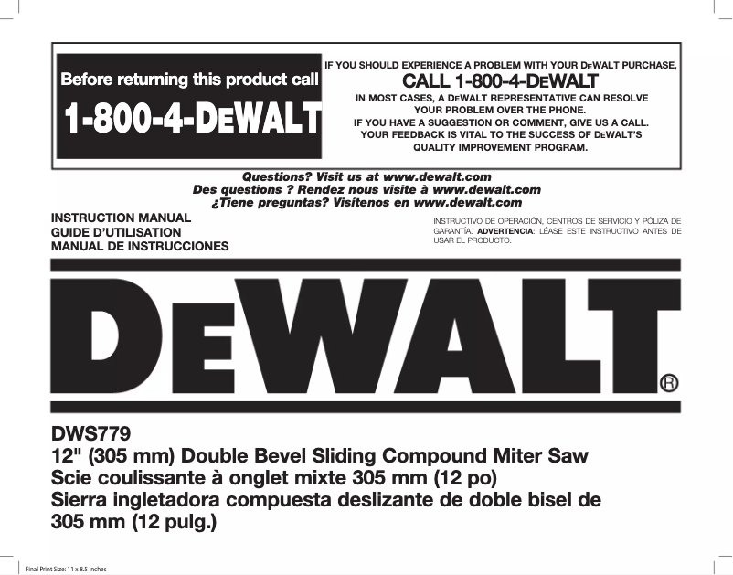 Page n°1 - Manuel utilisateur DeWalt DWS779
