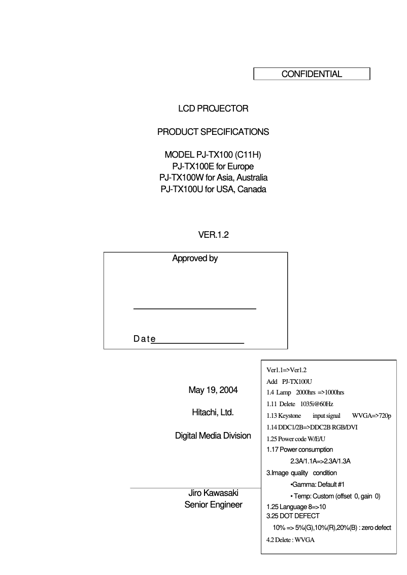 Page 1 de la notice Fiche technique Hitachi PJ-TX100