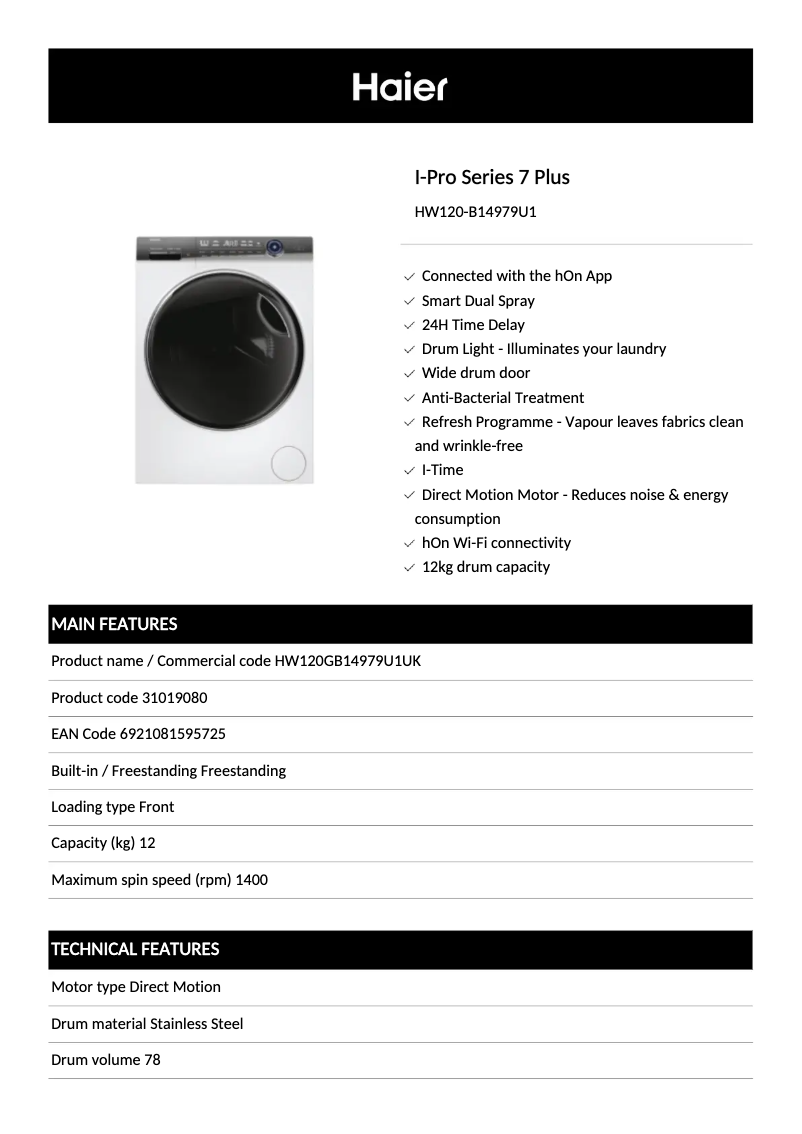 Página 1 del manual Ficha técnica Haier HW120-B14979U1