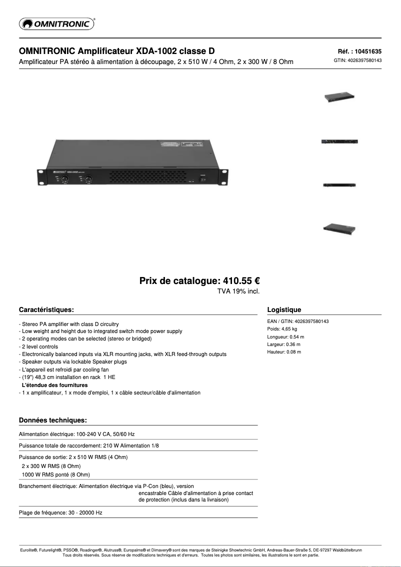 Page n°1 - Fiche technique Omnitronic XDA-1002