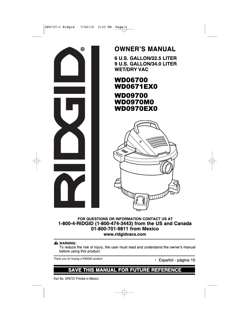Page 1 de la notice Manuel utilisateur Ridgid WD06700