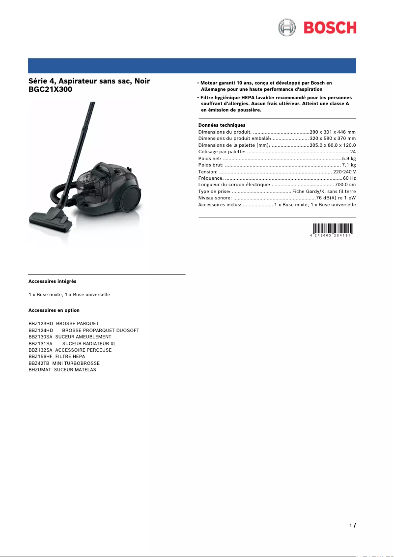 Page 1 de la notice Fiche technique Bosch Serie 4 BGC21X300