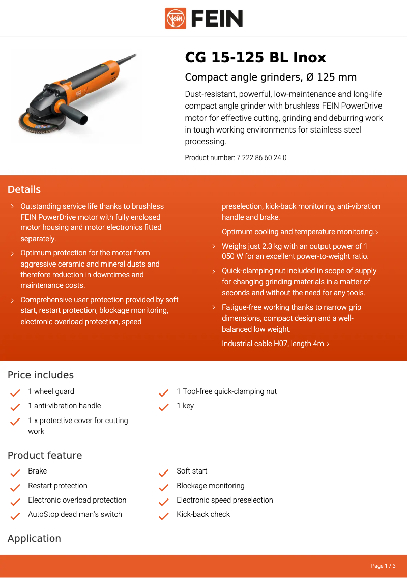 Página 1 del manual Ficha técnica Fein CG 15-125 BL Inox