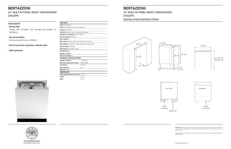Page 1 de la notice Fiche technique Bertazzoni DW24