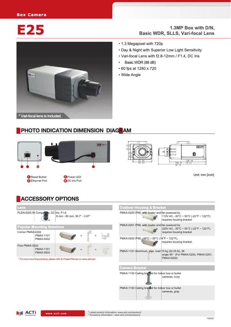 Page 1 de la notice Fiche technique ACTi E25