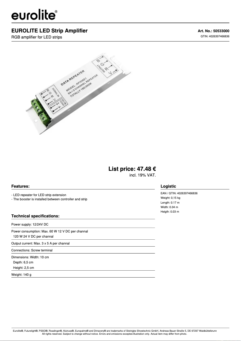 Page n°1 - Fiche technique Eurolite LED Strip Amplifier