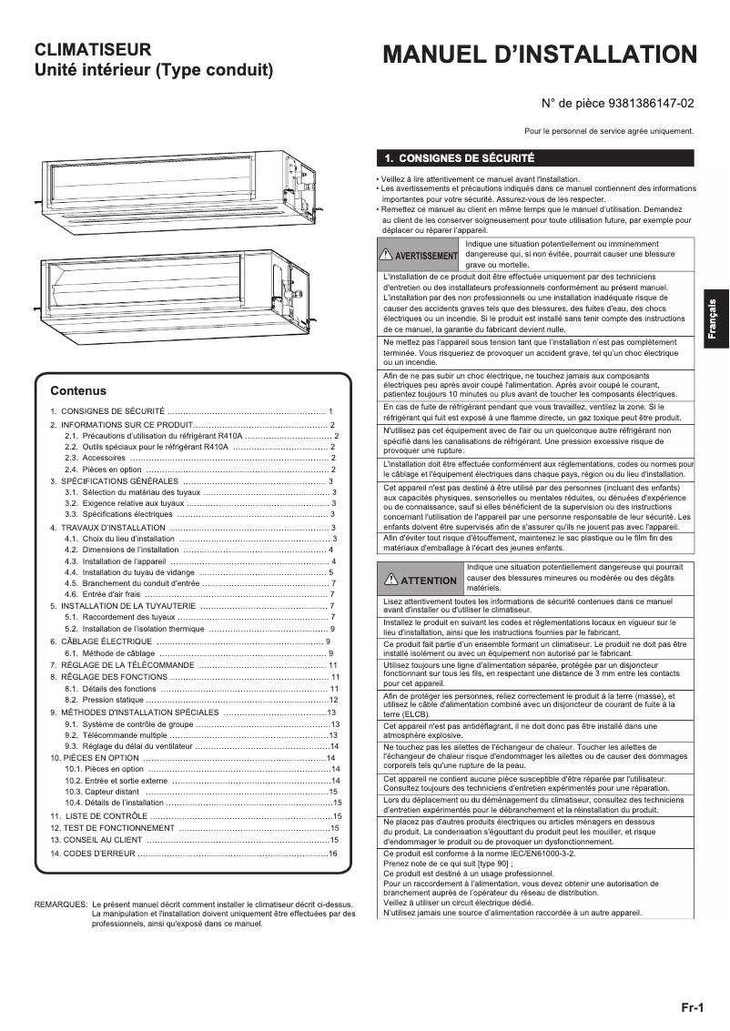 Page 1 de la notice Manuel utilisateur Fujitsu ARHG90LHTA