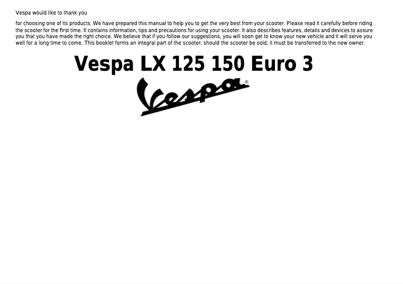 Image de la première page du manuel de l'appareil LX 125 150 Euro 3