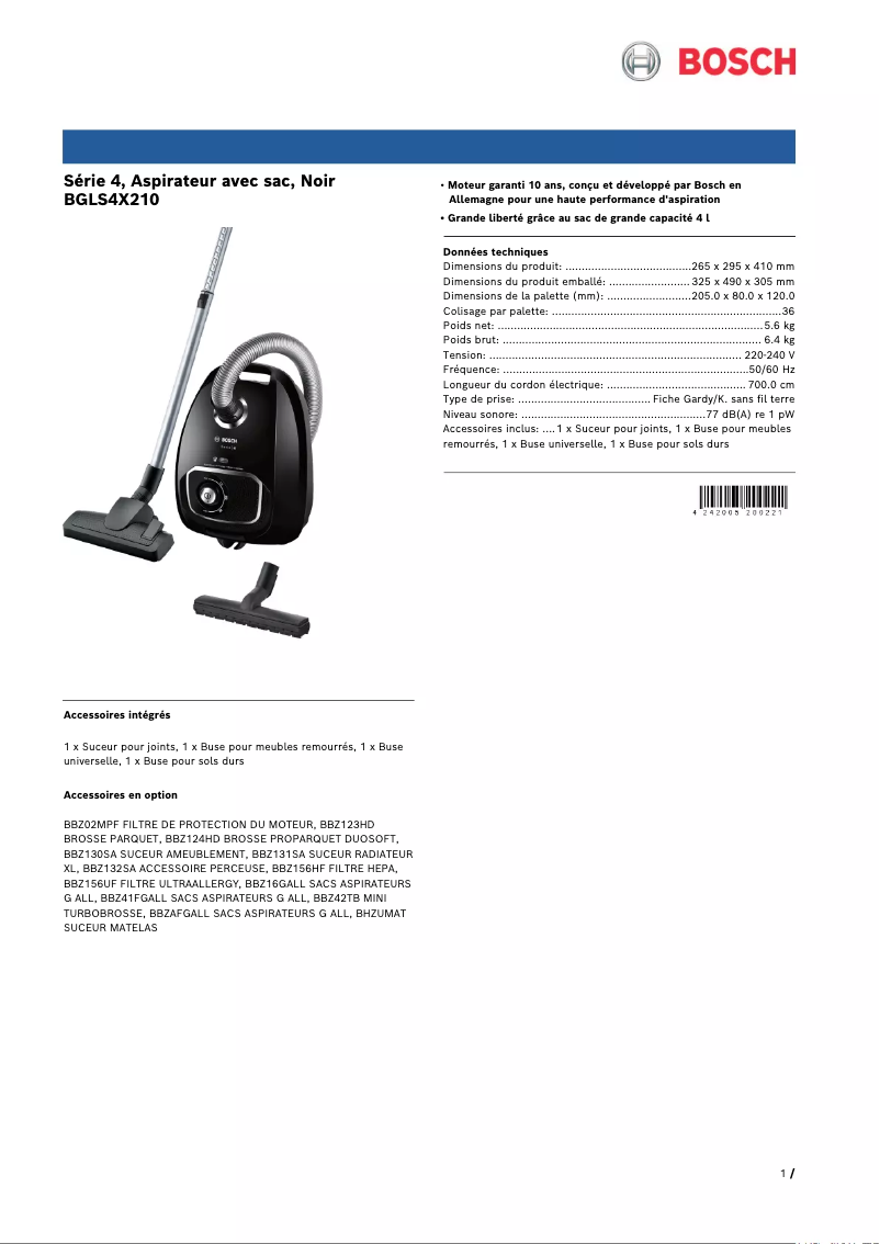 Page 1 of the manual Technical Sheet Bosch BGLS4X210