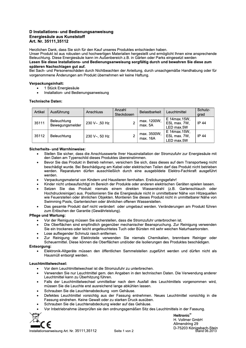 Page 1 de la notice Manuel utilisateur Heitronic 35112