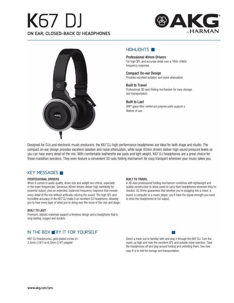 Page n°1 - Manuel utilisateur AKG K67 DJ
