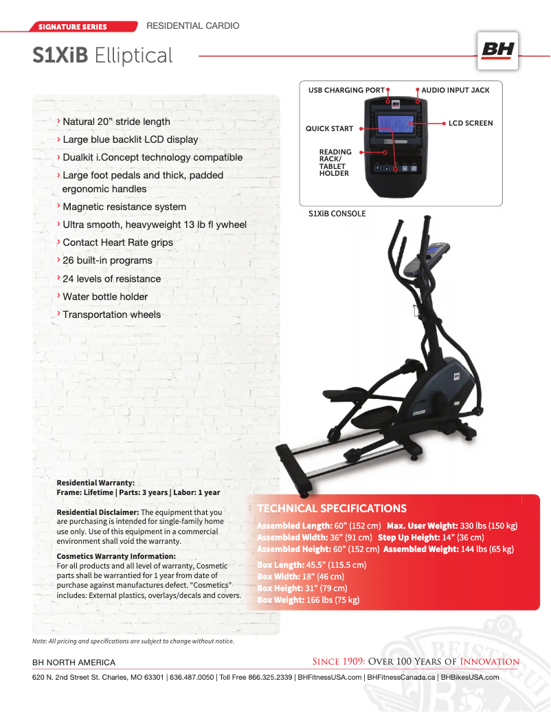 Page 1 de la notice Fiche technique BH Fitness S1XiB