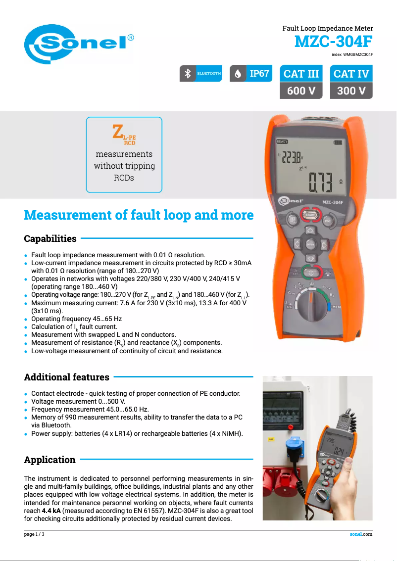 Page 1 de la notice Fiche technique Sonel MZC-304F