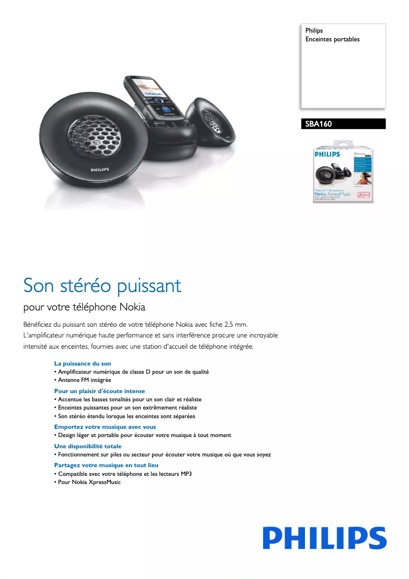 Page 1 de la notice Fiche technique Philips SBA160