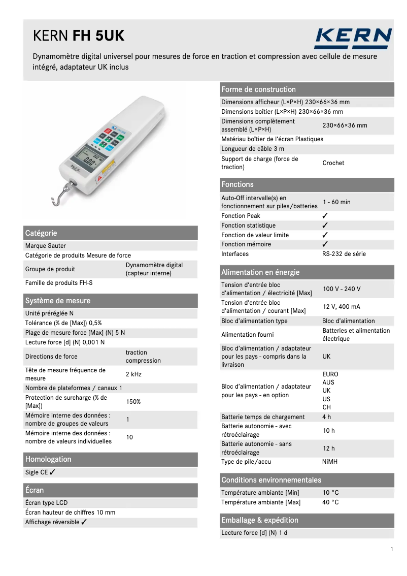 Page n°1 - Fiche technique Kern FH 5UK