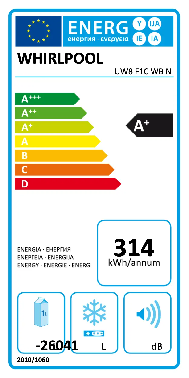 Page n°1 - Label énergétique Whirlpool UW8 F1C WB N