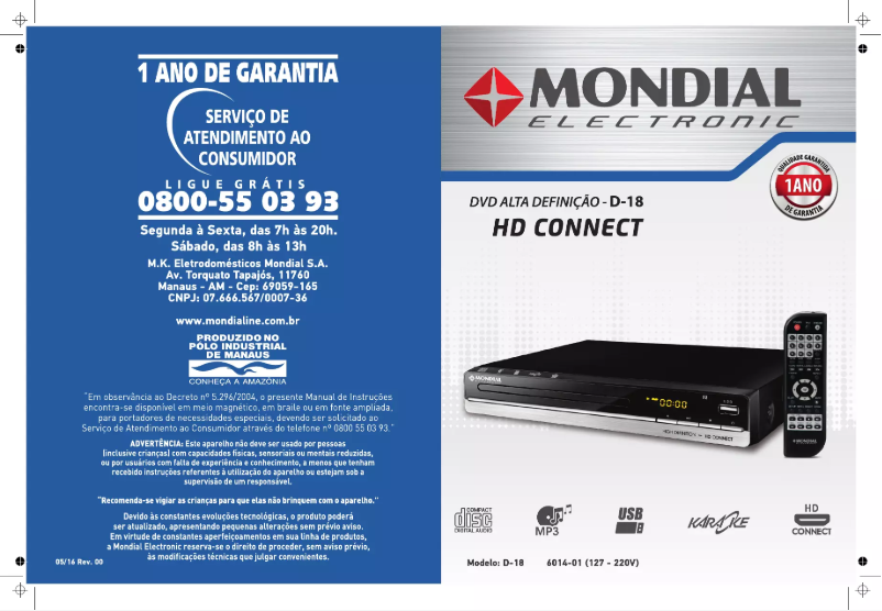 Page 1 de la notice Manuel utilisateur Mondial D-18