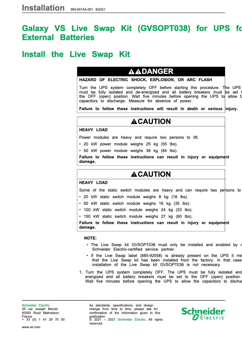 Page n°1 - Manuel utilisateur APC Galaxy VS GVSOPT038