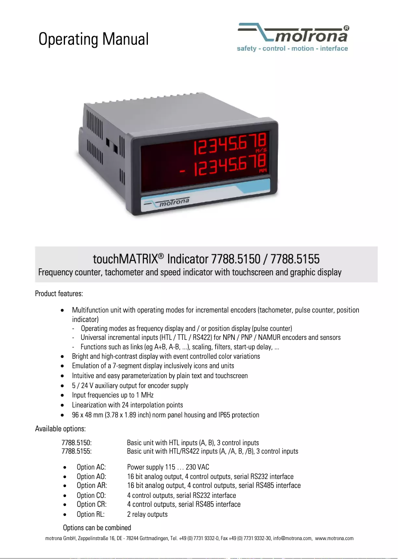 Page n°1 - Manuel utilisateur Motrona touchMATRIX 7788.5150