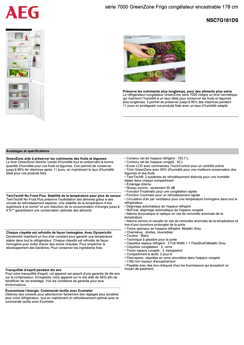 Page 1 de la notice Fiche technique AEG NSC7G181DS