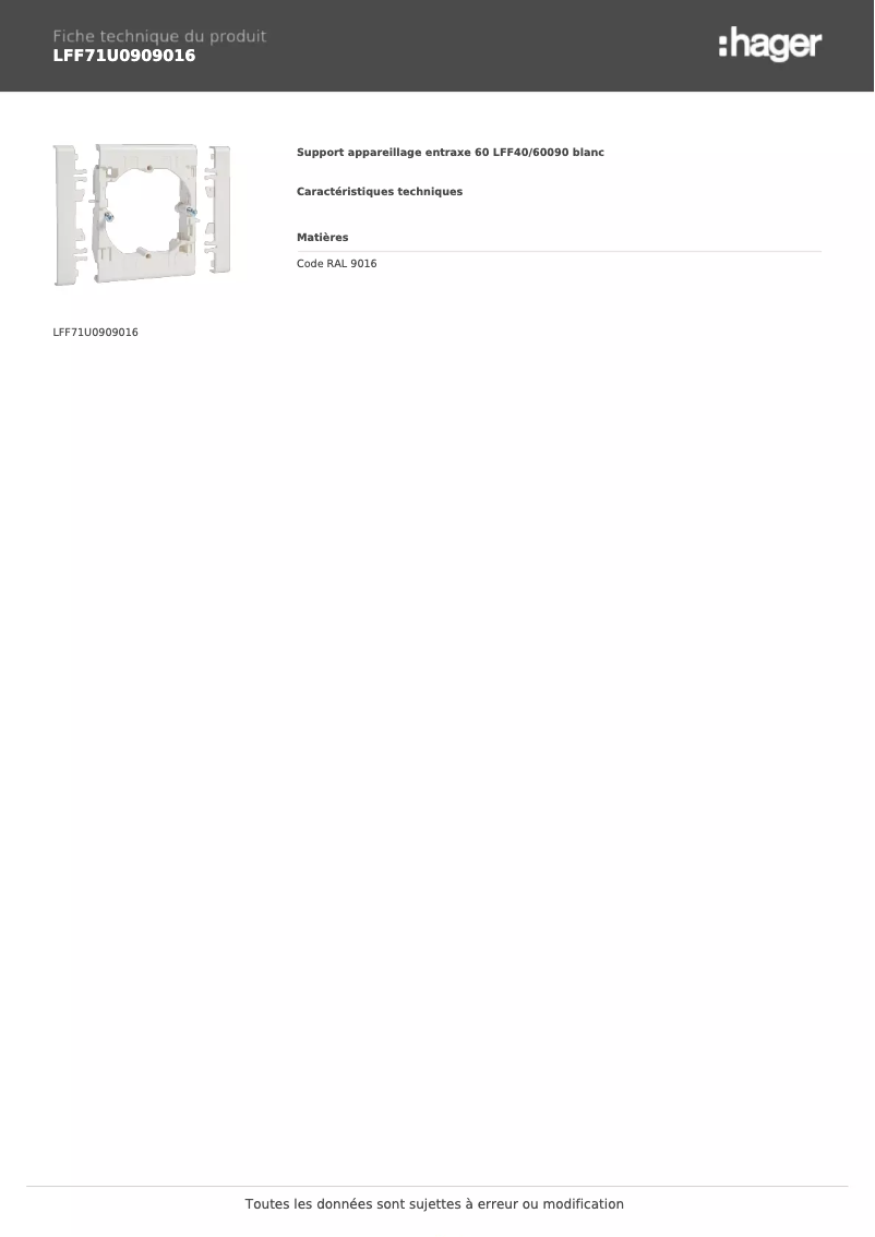 Page 1 de la notice Fiche technique Hager LFF71U0909016