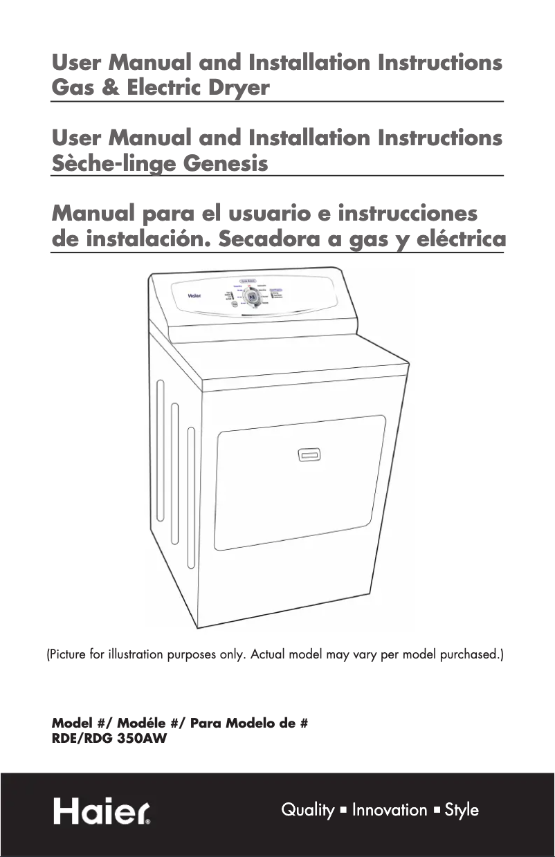 Page 1 de la notice Manuel d'utilisation et d'entretien Haier RDG350AW
