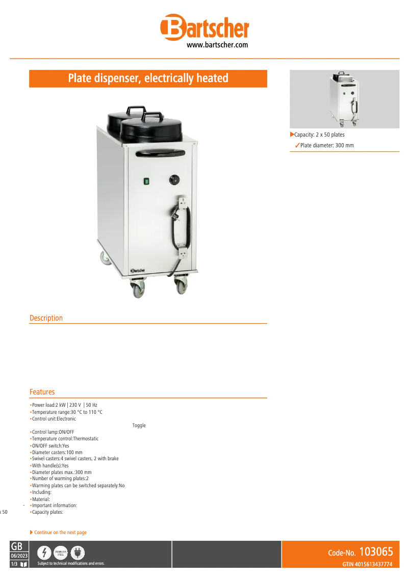 Page 1 de la notice Fiche technique Bartscher 103065