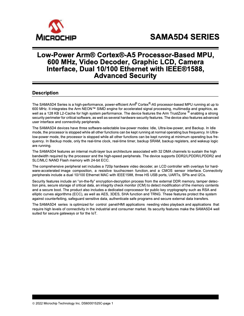 Page 1 de la notice Fiche technique Microchip ATSAMA5D42