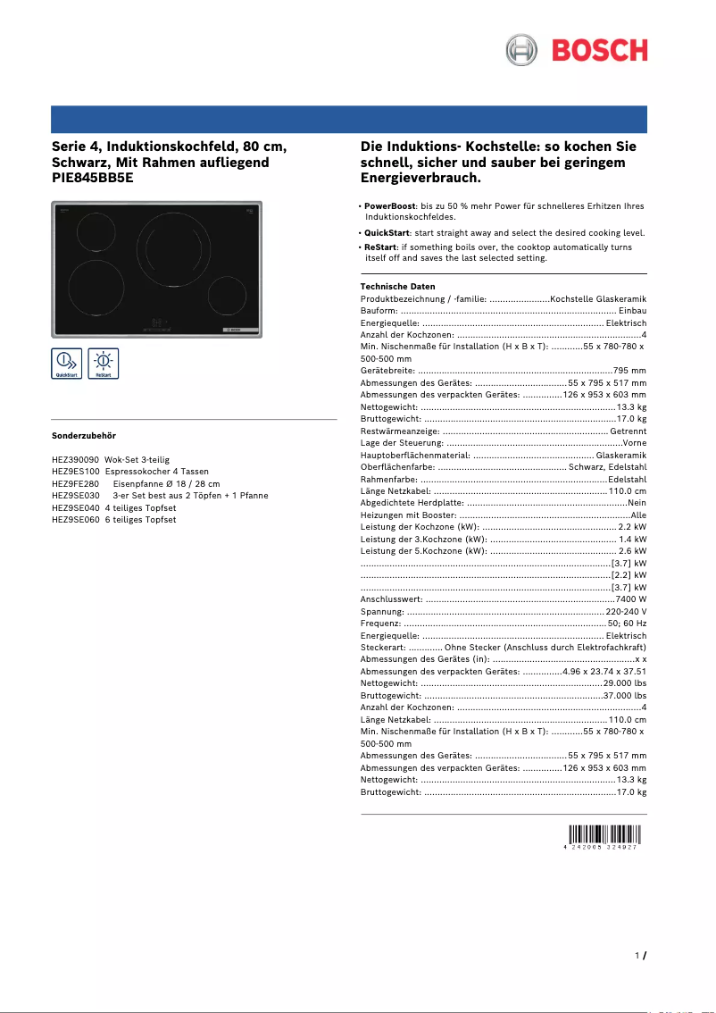 Página 1 del manual Ficha técnica Bosch PIE845BB5E