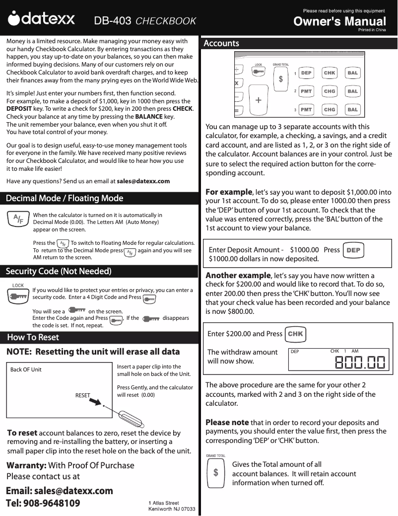Page 1 de la notice Manuel utilisateur Datexx DB-403 Checkbook
