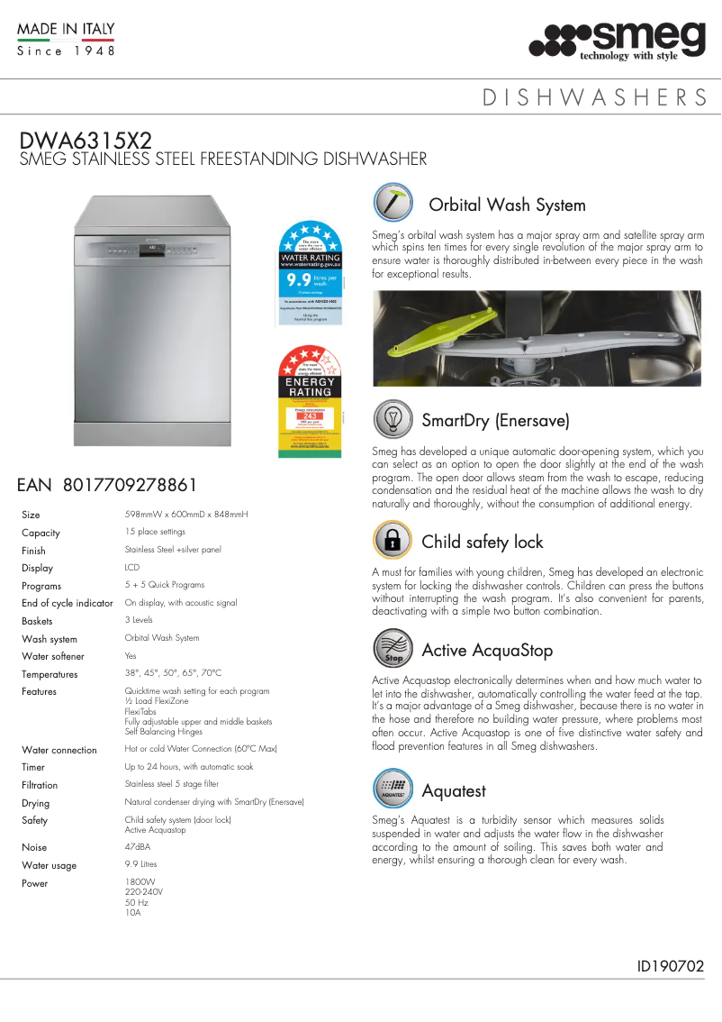 Page 1 de la notice Fiche technique Smeg DWA6315X2