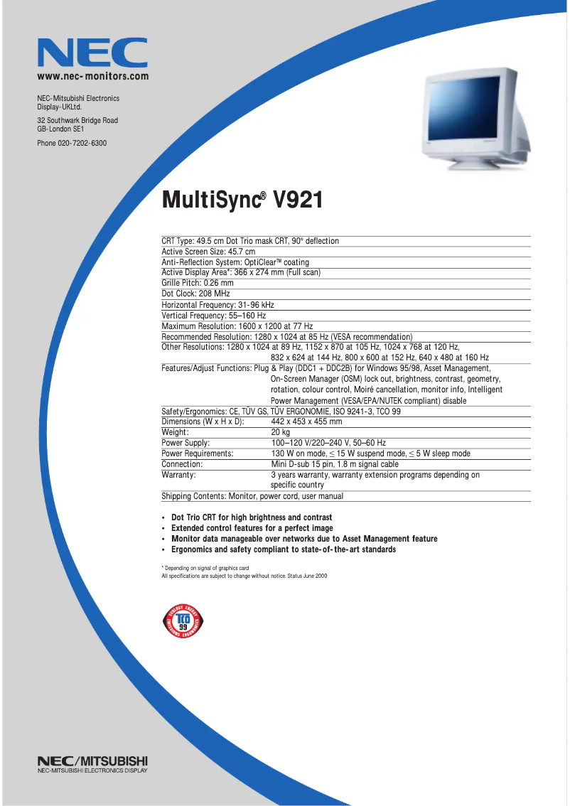 Page 1 de la notice Fiche technique NEC Multisync V921