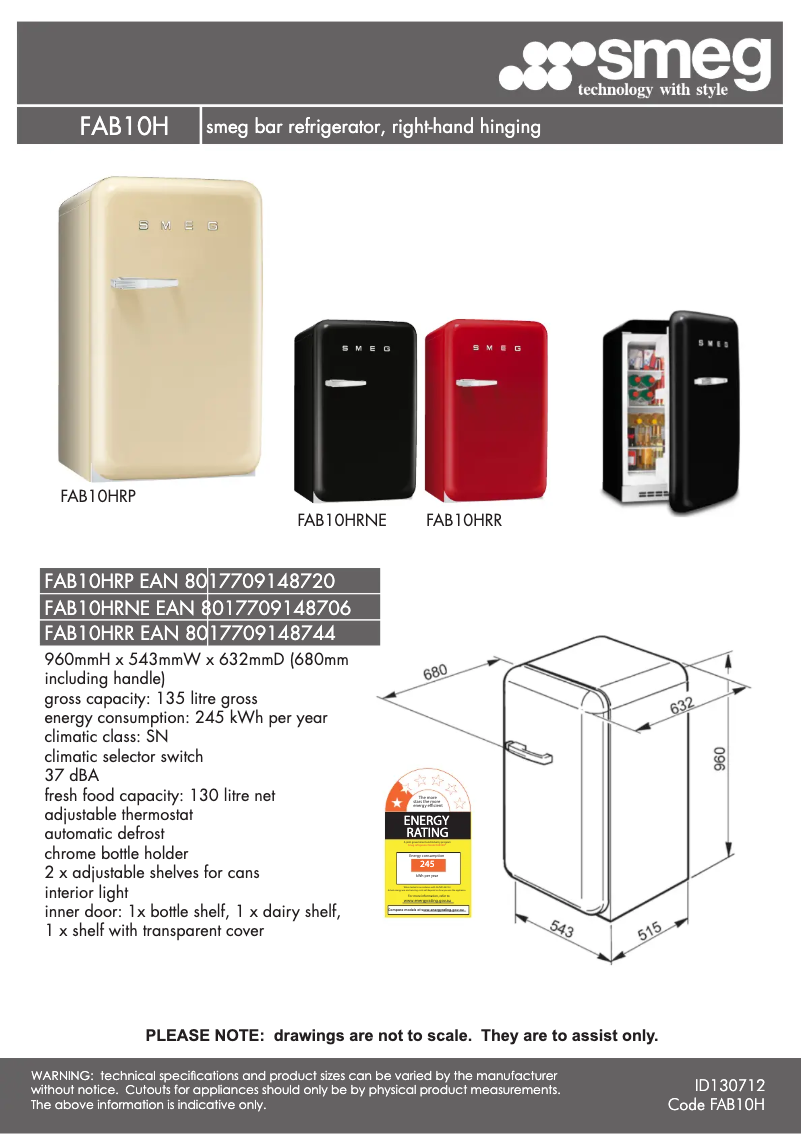 Página 1 del manual Ficha técnica Smeg FAB10HRNE