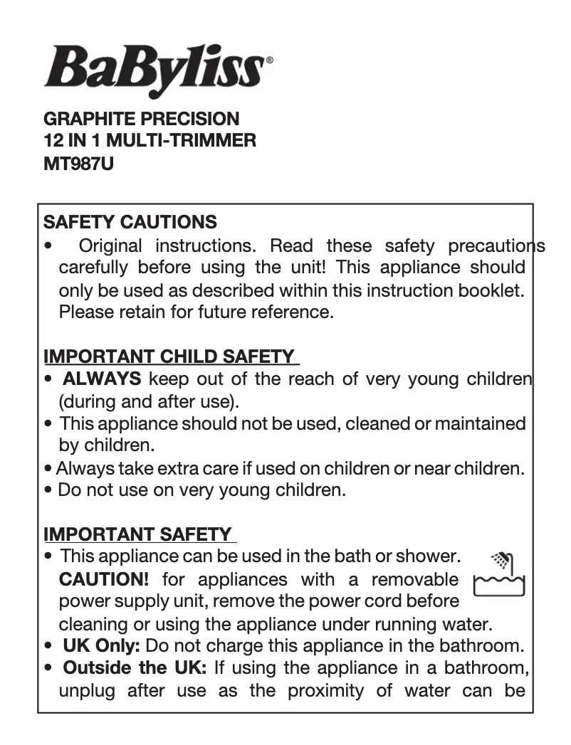 Page 1 de la notice Manuel utilisateur BaByliss 12 in 1 Multi-Trimmer MT987U