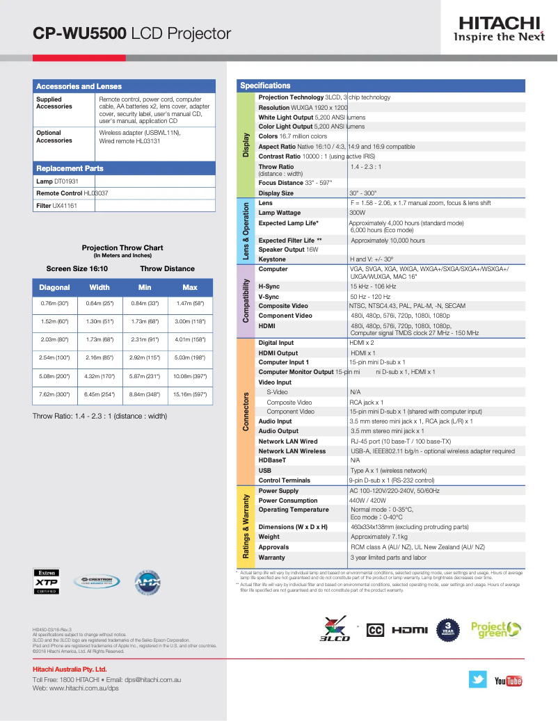 Page 1 de la notice Fiche technique Hitachi CP-WU5500
