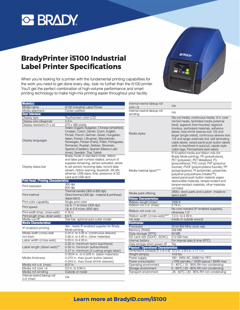 First page image of the manual for BradyPrinter i5100