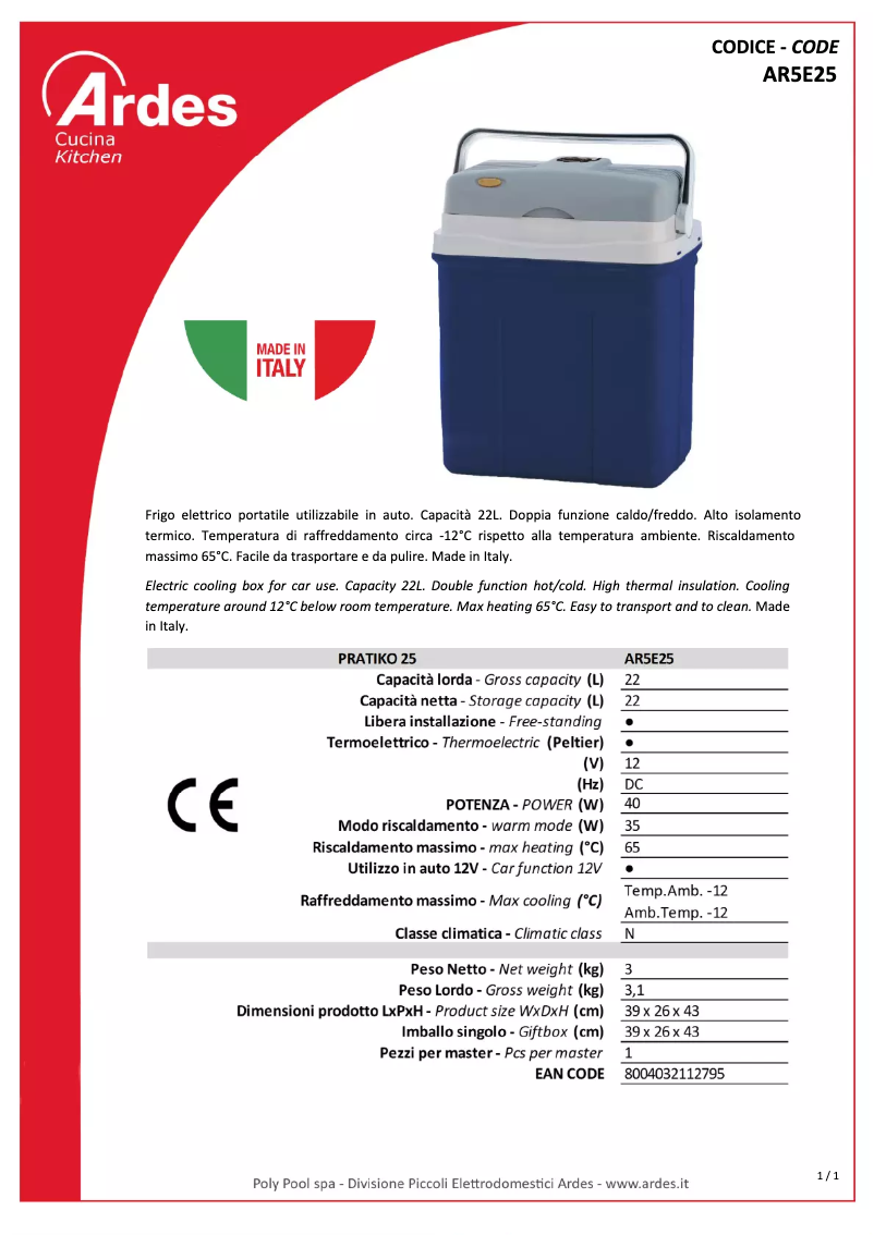 Page 1 de la notice Fiche technique Ardes AR5E25