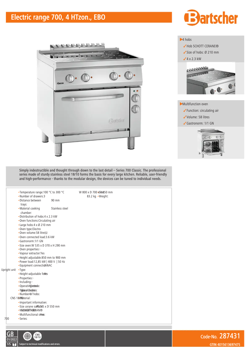 Page 1 de la notice Fiche technique Bartscher 296319