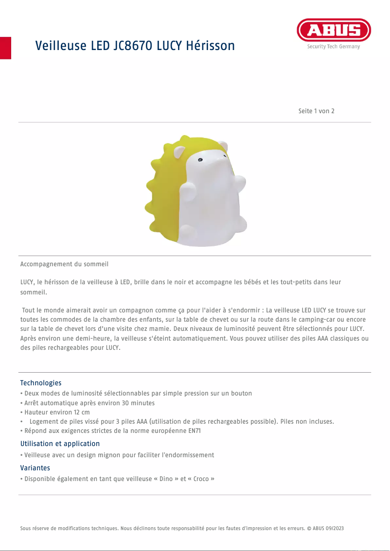 Page 1 de la notice Fiche technique Abus JC8670 LUCY